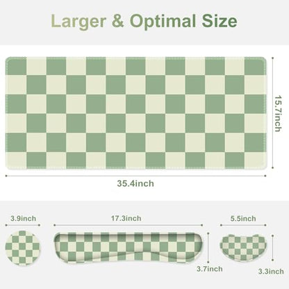 Large Gaming Mouse Pad Set, 4 in1 Ergonomics Keyboard Desk Mat with Memory Foam Wrist Rest, Extended Game Mousepad, Non-Slip Desk Pad Matt Easy Typing Pain Relief I Green Checkered - color: Green Checkered