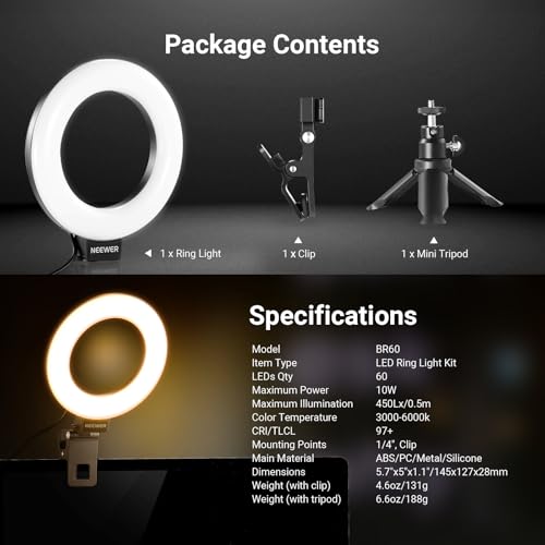NEEWER Basic 5" Ring Light for Video Conference Lighting, Clip on Light Kit with Desk Tripod Stand for Monitor Laptop Computer Zoom Call Live Streaming Remote Working Learning Video Recording, BR60