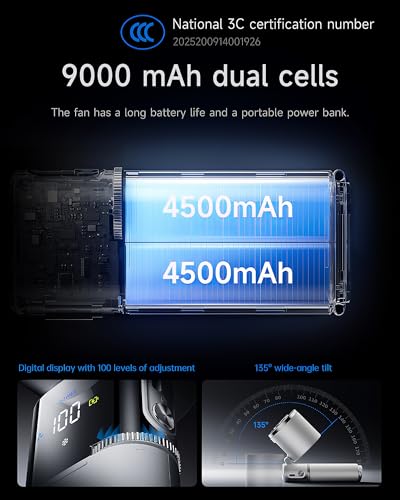 Space Player Portable Handheld Fan Cooling Fan with Turbo Strong Airflow Small Portable Fan 4-in-1 Wearable Neck Fan & Desk Fan 9000mAh USB-C Rechargeable Battery LED Display Travel Fan Black - color: Black