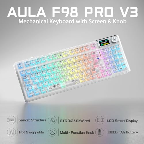 Aula F98Pro V3 Wireless Mechanical Keyboard with Screen & Knob,Tri-Mode Hot Swappable Computer Keyboards,10000mAh Battery,Clear Keycaps RGB Backlit Gasket Mount White Gaming Keyboard for PC/Office - color: White