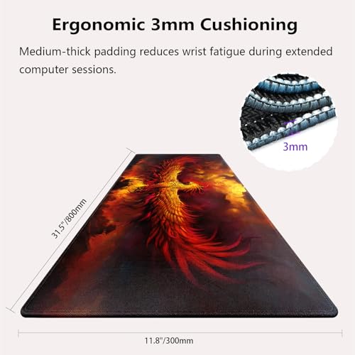 Golden Fire Phoenix Rebirth Art Large Mouse Pad, Fantasy Painting Desk Mat | Keyboard Mat Stitched, 31.5" x 11.8", Mythical Bird Creature Rising From Ashes, Red Orange Clouds Landscape, Anti-Slip - color: Vibrant Design J15K