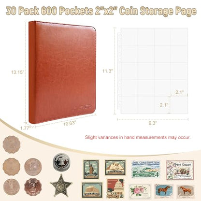 BYSTER Coin Collection Book, 30 Pack 600 Pockets Coin Sleeves, Coin Collection Holder Album, Coin Collection Organizer Storage Box Case (Coin Flips Not Included), Reddish Brown - color: Reddish Brown
