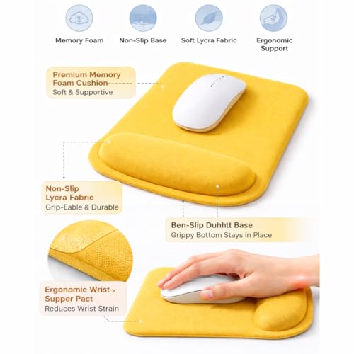 Ergonomic Memory Foam Mouse Pad with Wrist Support, Orange, Ultra-Smooth Surface, Anti-Slip Base (Yellow, Medium) - color: Yellow