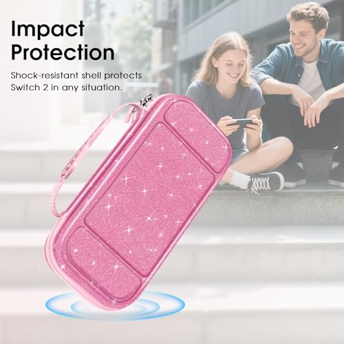 FINTIE Carrying Case for Nintendo Switch 2 (2025), Shockproof Hard Shell Switch 2 Case, Protective Cover Travel Bag with 19 Game Card & 2 Micro SD Card Slots & Inner Pocket, Glittering Pink - color: Glittering Pink