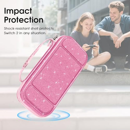 FINTIE Carrying Case for Nintendo Switch 2 (2025), Shockproof Hard Shell Switch 2 Case, Protective Cover Travel Bag with 19 Game Card & 2 Micro SD Card Slots & Inner Pocket, Glittering Pink - color: Glittering Pink