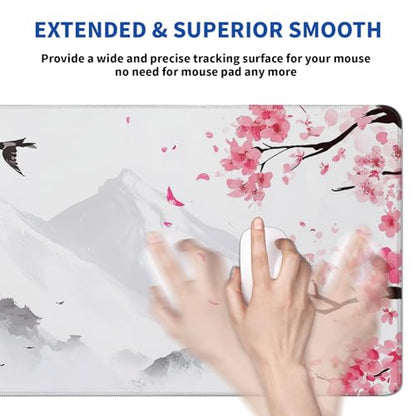 Retro Pagoda Cherry Blossom Watercolor Mouse Pad Abstract Big Mouse Pad 31.5x11.8 Inch Texture Non-Slip Rubber Base Large Mousepad Stitched Edges Keyboard Mouse Mat Desk Pad for Office and Home - color: Retro Pagoda Cherry Blossom