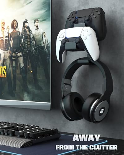MoKo Controller Wall Mount, Dual Gamepad Headphone Hanger for Xbox PS5 | Holds 2 controllers and one headset, compatible with Xbox Series PS5 PS4 PS3 Switch and most standard gamepads - color: Black