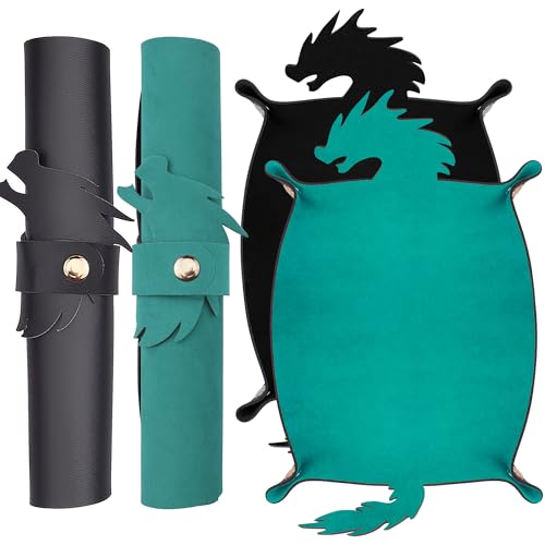 SIQUK 2 Pieces Dragon Dice Rolling Tray PU Leather Dice Mat Folding Scroll Dices Holder for D&D RPG Games (Cyan, Black) - color: Cyan, Black