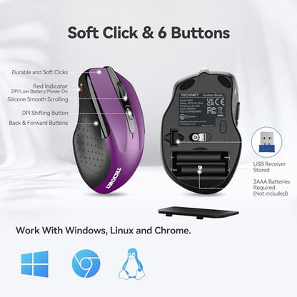 TECKNET Wireless Mouse, 2.4G Ergonomic Computer Mouse, 2600 DPI, Purple | Ergonomic Design with Side Grips, Adjustable DPI, 2-Year Battery, Compact Size, USB-A Plug & Play, Wide OS Compatibility - color: Purple