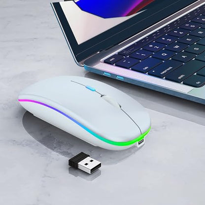 WREANU Wireless Bluetooth Mouse Rechargeable Laptop Mice with LED Lights Silent Slim Use(BT5.2 & USB 2.4G Portable Receiver) Dual Mode Computer Mouse for Laptop/iPad/Tablet/Apple/Computer/Mac(White) - color: White Wireless Bluetooth Mouse