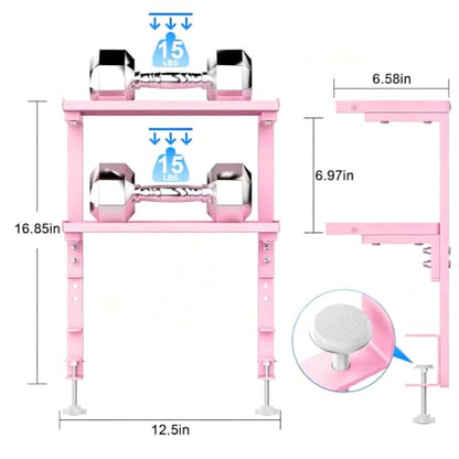 2-Tier Desk Shelf | Desk Organization Expandable Clamp on Desk Shelf Desktop Accessories for Offices and Game Rooms (Pink) - color: Pink
