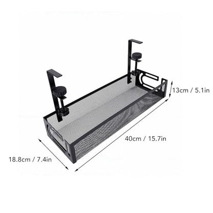 AUNMAS Under Desk Cable Management Tray Cord Organizer with Clamp for Home Office Standing Desk No Tools Needed Adjustable Mount Carbon Steel Mesh (L Black)