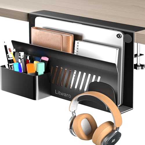 Litwaro Desk Side Storage Organizer, No Drill Laptop Holder Clamp on Desk Shelf with Magnetic Pen Holder, Hanging Organizer Fits Flat Edge Desks 0.4" to 2.1" (Black) - color: Black, size: 15.75"-1Tier