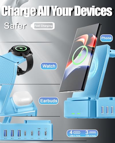 300W Wireless Charger for Samsung,Zutspzss 10 in 1 Wireless Charging Station, 65W USB C Fast Charging Stand for Samsung S25 Ultra/S24/S23/S22/Z Fold,Galaxy Watch Ultra7/6/5,Galaxy Buds,Blue - color: Blue