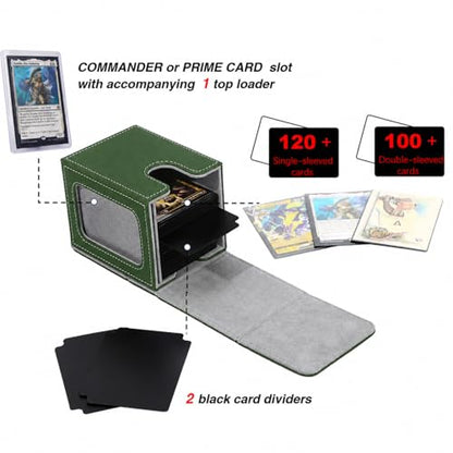 MTG Deck Box with Commander Display Window (Green&Grey, 1 window) | Holds 120 Single/100 Double-Sleeved Cards, Fit MTG/PTCG/OPTCG Cards, Strong Magnet, PU Leather, With 2 Dividers & 1 Toploader - color: Green and Grey