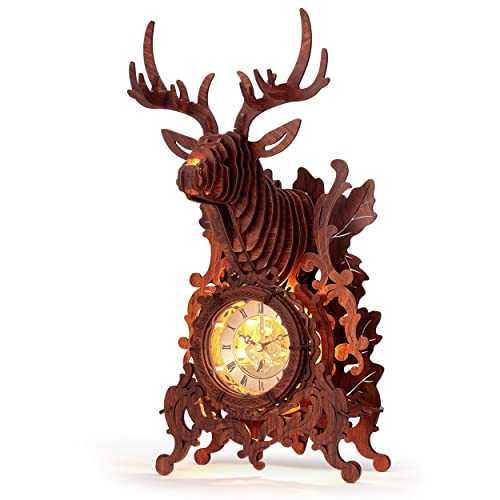 FUNPOLA LED 3D Wood Puzzle Deer Clock, 3D Wooden Puzzle Elk Clock Building Model, Home Décor 3D Wooden Puzzle for Adults/Teens Christmas Gift(Wood, Yellow Light) - color: Ledec03