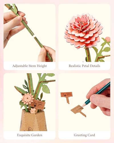 3D Flower Wooden Puzzles for Adults-Pink Dahlia, Mothers Day DIY Wooden Flowers Model Kit Building Set Crafts Gifts, Artificial Botanical Collection Creative Gift Ideas/Housewarming(93PCS) - style: TW - Pink Dahlia