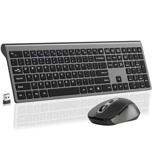 Ultra Thin Ergonomic Silent Wireless Keyboard Mouse Combo Grey | Full-size keyboard with calculator key, 2400 DPI mouse, USB cordless kit compatible with Laptop, Windows & Mac - color: KM458-Grey
