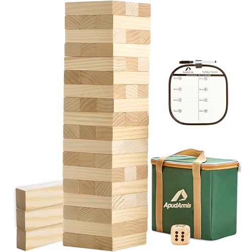 ApudArmis 54 Pcs Tumble Tower, Pine Wooden Stacking Game Stack 3.2Ft | Non-toxic NZ pine, crack-resistant. Smooth edges. Includes dice, bag. Indoor & outdoor stacking tower game for family parties - color: Burlywood, size: M-Stack to 3.2 FT