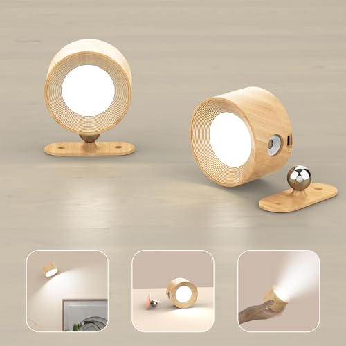 Koopala 2PACK LED Wall Lamps with Rechargeable Battery Operated, Wall Mounted Lights with 3 Brightness 3 Color Temp Removable Charging 360°Rotate Magnetic, Cordless Wall Sconces for Reading Bedside - color: Wood-B
