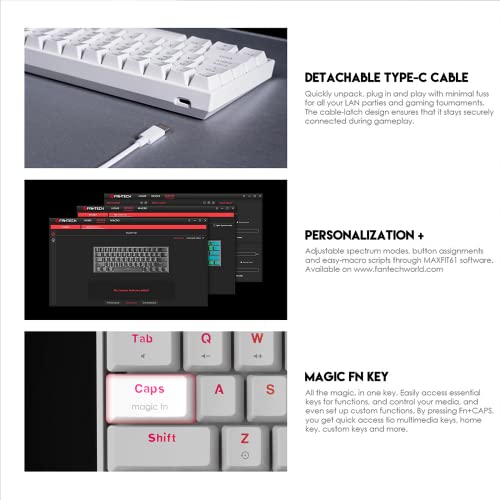 FANTECH Maxfit61 60% Mechanical Keyboard - Hot Swappable Blue Switch, White - color: BlueSW(Clicky)-White