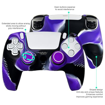 Anti-Slip Purple&Black Controller Skin,Studded Edition Protective Silicone Cover Skin Grips Compatible with PS5/Slim/Pro Controller and 6 PCS Thumb Grips Caps. - color: Purple & Black