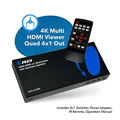 OREI 4x1 Multi HDMI Viewer Quad- 4K@60Hz RS-232 EDID IR Remote OSD HDCP 2.2 | HDMI Multiviewer 4K, HDMI Multi Viewer – 18Gbps, 8 Display Modes, 7.1 Audio, Seamless Switching, Auto Switching