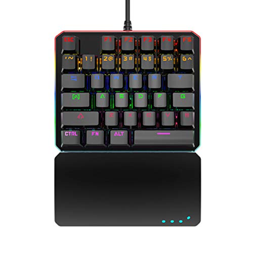 One Handed Mechanical Gaming Keyboard, RGB LED Backlit Half Keyboard Multimedia Function Key Portable Mini Single Gamer Keypad with Wrist Rest for PC/Laptop