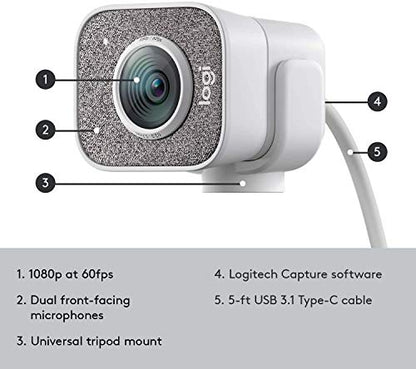 Logitech StreamCam - White - 1080P HD 60fps Streaming Webcam (Renewed)