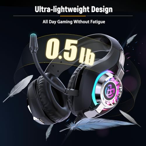 Tatybo Gaming Headset for PS5 PC, Noise Canceling Mic, RGB, Black | Over Ear, Deep Bass Stereo Sound for FPS, Battle Royale, Lightweight for Xbox, PS4, Mobile, Nintendo, 3.5mm devices - color: BLACK