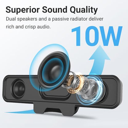 Inwa Computer Speakers for Desktop PC, USB Monitor Speakers with Clip, Wired Computer Sound Bar for Laptop with Loud Sound & Bass, Easily Clamps to Monitors (USB-C to USBAdapter Included)