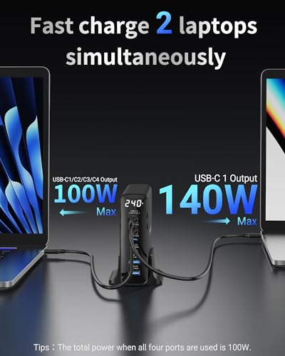 TOPADRE 240W USB C Charger with Display,6 Ports Charging Station | Laptop GaN Desktop Charger,140W Fast Charging Block for MacBook, iPad, iPhone 17/16, Galaxy S25/S24, Dell XPS and More - color: Black