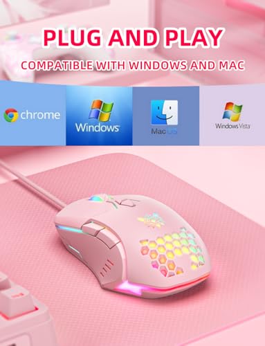 Wired PC Gaming Mouse: High Precision Sensor,RGB Backlit, Adjustable DPI, 7 Buttons Programmable,Ergonomic mice for Office & Gaming on Windows/Mac/Linux/Chrome- Pink - color: Pink