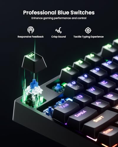 RGB Mechanical Gaming Keyboard Blue Switch, 104 Keys Full-Size Light Up Key-board with 11 Backlit Modes, Anti-Ghosting, Double-Shot ABS Keycaps, USB Wired Computer Key board for Windows PC Gamer