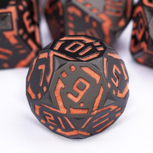 Metal DND Sci-fi Dice Set 7PCS Luminous Orange Stripe Polyhedral Dice for Dungeons Dragons RPG Role Playing Game, Glitter D and D Dice with Gift Box D6 D8 D10 D12 D20 - color: Nightlight - Orange