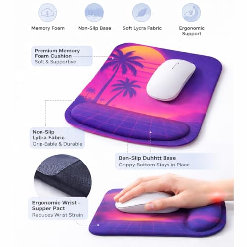 Ergonomic Memory Foam Mouse Pad with Wrist Support, Orange, Ultra-Smooth Surface, Anti-Slip Base (Palm Trees, Medium) - color: Palm Trees