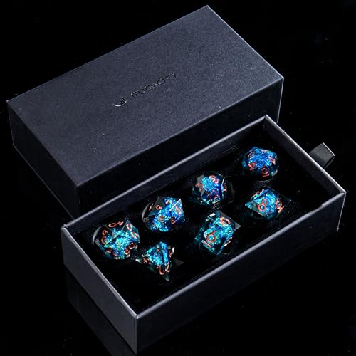 FugaCity Dice Set,Handmade Sharp Edge 7 Piece Resin Dice-Dungeon&Dragons Polyhedral Dice Set, D&D Dice Set with Gift Dice Case for RPG MTG Table Games - color: D-black-blue