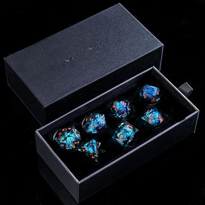 FugaCity Dice Set,Handmade Sharp Edge 7 Piece Resin Dice-Dungeon&Dragons Polyhedral Dice Set, D&D Dice Set with Gift Dice Case for RPG MTG Table Games - color: D-black-blue