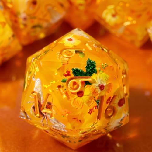 XENOLUX Polyhedral Resin DND Dice Set for Dungeons and Dragons, Handmade Sharp Edge RPG Dice for Board Games, Amber Bee and Floral Design with Tin Box (L22) - color: L22