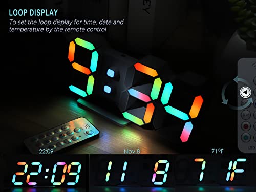 KOSUMOSU Wall Clock Neon Digital Clock 3D LED Desk Clock Large Display 9.7" RGB Clock Alarm Clock for Bedroom Living Room,Remote,Brightness Dimming, Date,Temp - color: 9.7in Clock-neon Light