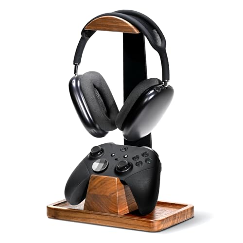 UPERGO Walnut Headphone Stand with Controller Holder & Storage Base | Solid Wood Grain, Gear & Charger Storage, Gamer Gift for PS5 Xbox Controllers, Desk Accessories