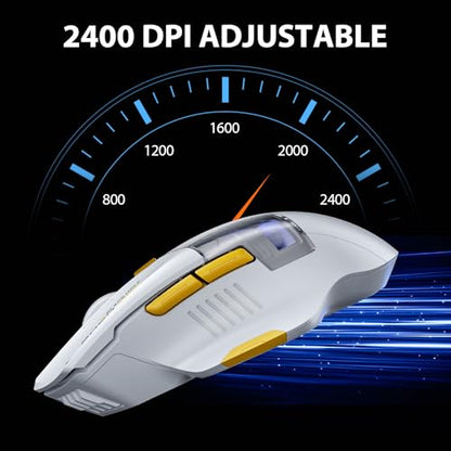INPHIC A9 Explorer Bluetooth Mouse, Dual-Mode Bluetooth 5.0/2.4G, 2400 DPI, Visible Battery Indicator, RGB Mouse for Laptop, White - color: White