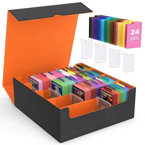 MoKo Trading Card Storage Box for MTG, 3000+ Card Organizer, Orange | MTG Deck Box, w/ 24 Colorful Dividers & 4 Card Supporters, MTG Card Storage for Magic Game, TCG, PTG Baseball and Sport Cards - color: Orange, size: 4 Slots without side display