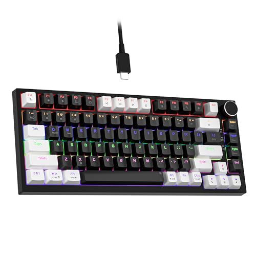 Newmen GM326 75% Percent Mechanical Keyboard,Wired Mini Backlit Hot Swappable Gaming Mechanical Keyboard with Knob,82 Keys Anti-Ghosting Compact White/Black Gaming Keyboards for PC Win Mac,Red Switch - color: White/Black