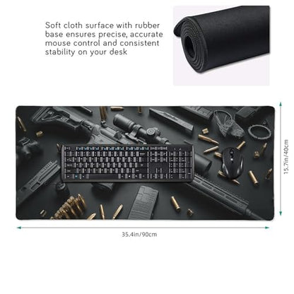 Extended Gaming Mouse Pad with Military Weapon Design, Large Desk Mat for Keyboard and Mouse, Black, 35.4 x 15.7 inches - color: Cool Military Weapon Mouse Pad