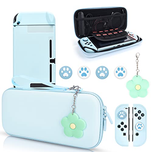 DLseego Blue Switch Case Set Carrying Case with 10 Slots Babyblue Protective Dockable Hard Shell with 4PCS Cute Cat Paw Thumb Grips Caps and 1PC Green Flower Blossom Chain for Switch 2017 Version - color: Blue, size: Switch 1 6.3inch