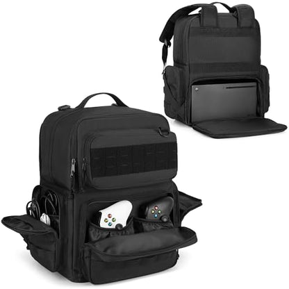 PGmoon Travel Tactical Backpack Compatible with Xbox Series X Console | Carrying Case Bag with Individual Room for Console, Plenty of Pockets for Controllers, Headphone and More(Patent Design)