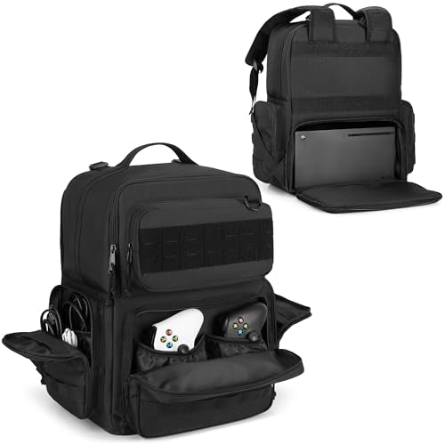 PGmoon Travel Tactical Backpack Compatible with Xbox Series X Console | Carrying Case Bag with Individual Room for Console, Plenty of Pockets for Controllers, Headphone and More(Patent Design)