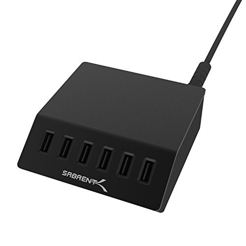 SABRENT 60W 6-Port USB Charging Station, Auto-Detect, UL (AX-FLCH-B) | 12A aluminum desktop rapid charger; smart auto-detect ports; UL certified; black - size: 6-Port