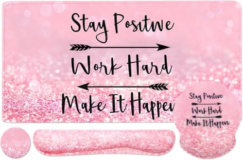4-in-1 Gaming Mouse Pad Wrist Support Set，Desk Pad + Mouse Pad with Wrist Rest + Keyboard Wrist Rest + Coaster, Ergonomic Design for Home Office Study Game - Pink Stay Positive - color: 4 Pcs Pink Stay Positive